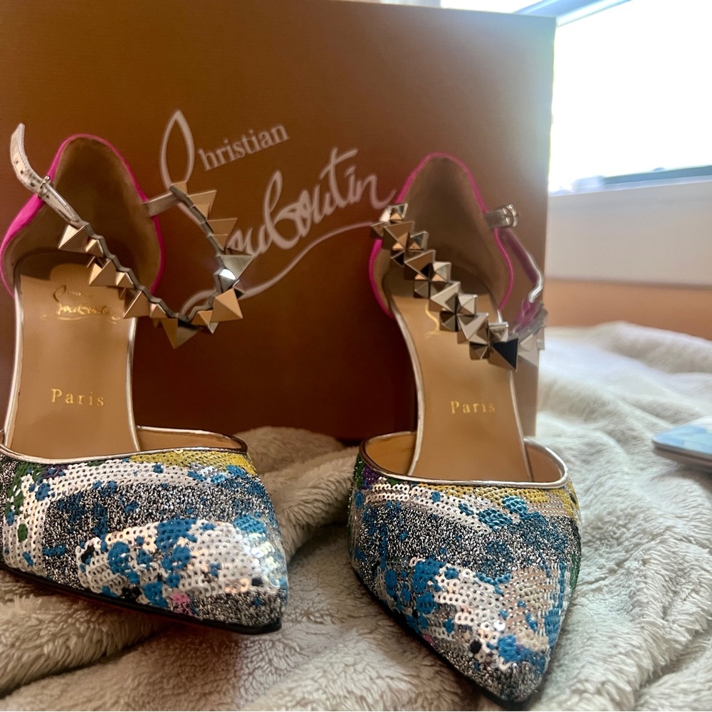 Christian Louboutin Planet Chic Multicolor Sequin Heels Studded Straps Size 10.5